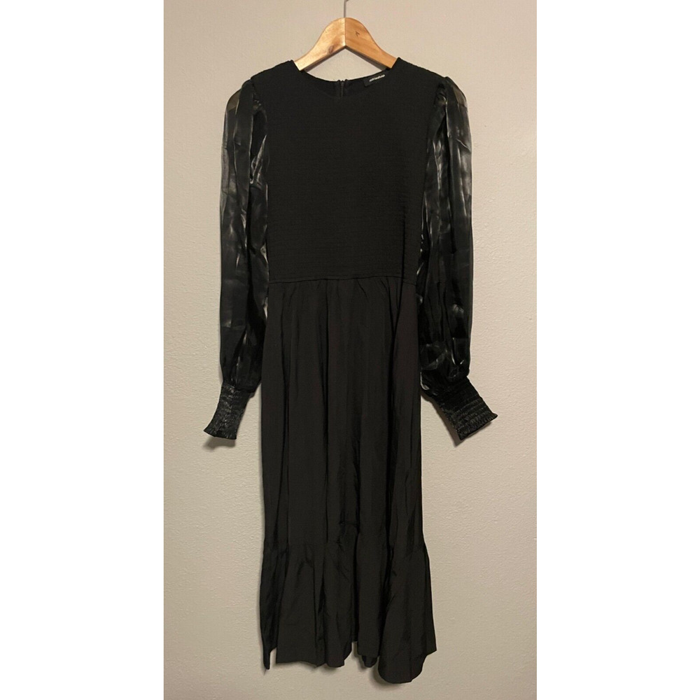 Mittoshop Womens Dress Medium Black Satin Smocked Contrast Sleeve Goth Victorian
